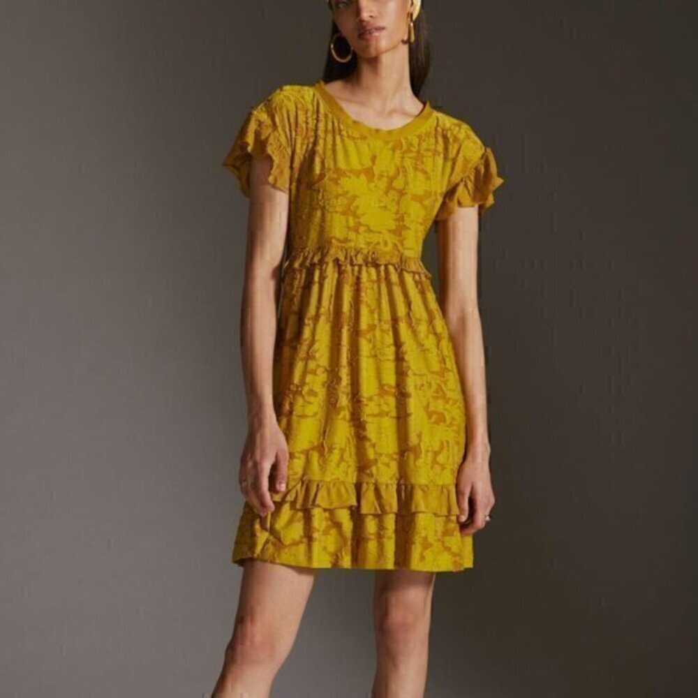 NWT By Anthropologie Ruffle Knit Mini Dress in Chartreuse